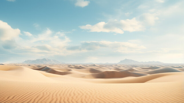 A vast desert stretches out before us, its sandy dunes undulating in the warm breeze On the horizon, we can see a distant mountain range, its jagged peaks silhouetted against the sky
