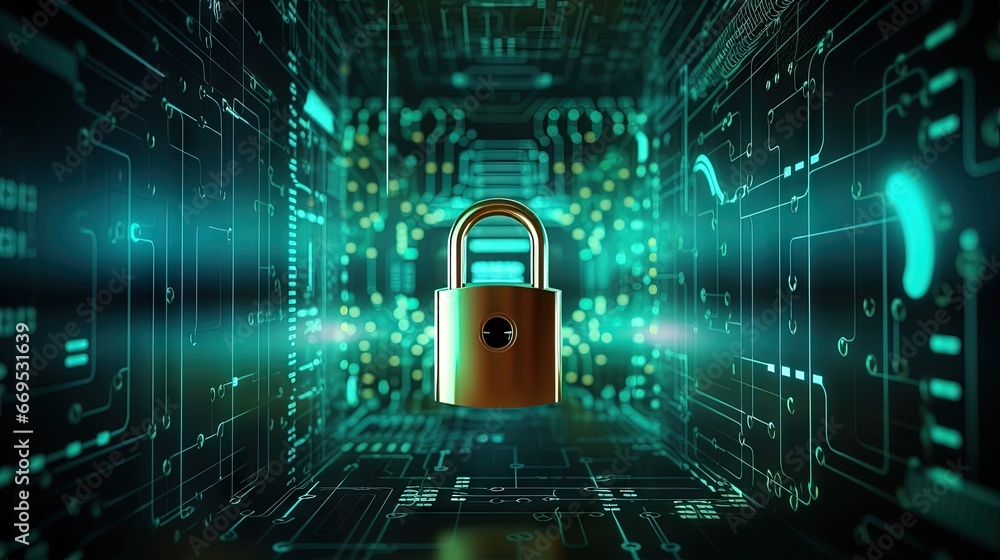 Poster User with privacy security and encryption, Cybersecurity concept, Security of internet access, Virtual screen with padlock icon, Data or network protection