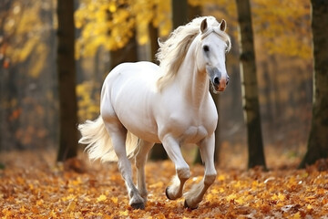 Obraz na płótnie Canvas Beautiful white horse with long mane in the autumn forest.