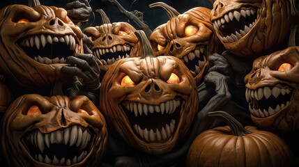 closeup of scary halloween pumpkins