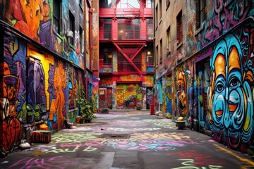 Fototapeta premium Multicolored graffiti art covering an urban alleyway.