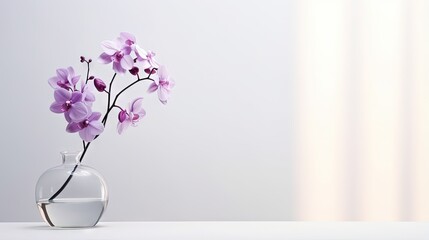 Sprig of purple orchid in transparent vase on white background with bright lighting, copy space, horizontal photo. Flower silhouette and blurred shadow mesh on wall. Orchidaceae, minimalist aesthetic. - obrazy, fototapety, plakaty