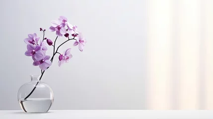 Deurstickers Sprig of purple orchid in transparent vase on white background with bright lighting, copy space, horizontal photo. Flower silhouette and blurred shadow mesh on wall. Orchidaceae, minimalist aesthetic. © HN Works
