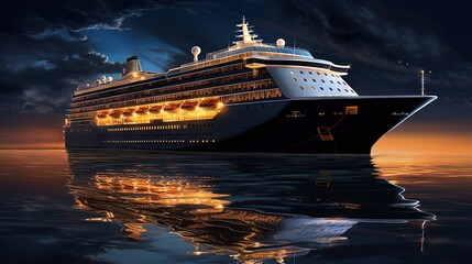 A great cruise liner at night and a reflection of light in the sea water - obrazy, fototapety, plakaty