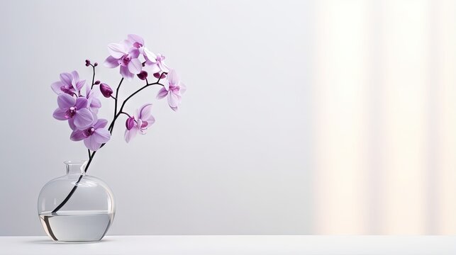 Fototapeta Sprig of purple orchid in transparent vase on white background with bright lighting, copy space, horizontal photo. Flower silhouette and blurred shadow mesh on wall. Orchidaceae, minimalist aesthetic.