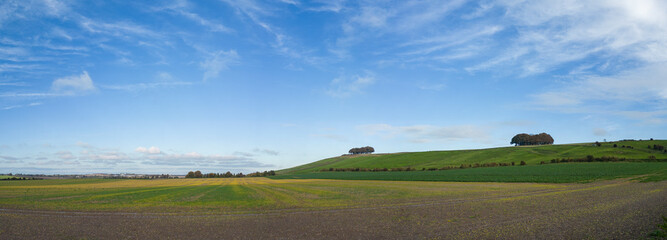 A panoramic view of the Marlborough Downs in Wiltshire, UK