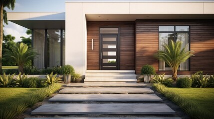 Fototapeta premium New house with wooden door entrance and empty concrete walkway. 3d rendering of green grass lawn in modern home.