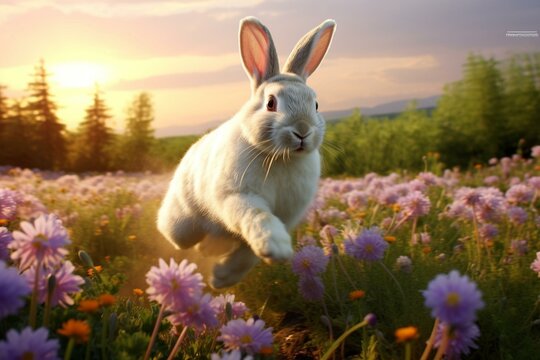 Easter bunny runs across spring meadow. Generative AI