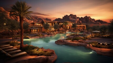 Arizona resort with pool during sunset - obrazy, fototapety, plakaty