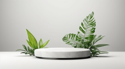 Product display podium with nature leaves on white background. 3D rendering