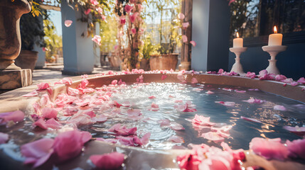 Jacuzzi with candles and flower petals. Concept of romantic getaway, relaxation and spa. - obrazy, fototapety, plakaty
