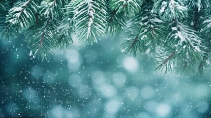 Fototapeta na wymiar close up snow-covered fir green branches and snowfall flakes, Christmas banner background