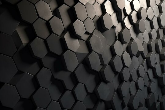 Smooth, textured wall with tiled background. Hexagonal, stone wallpaper with 3D blocks. Rendered in high definition. Generative AI