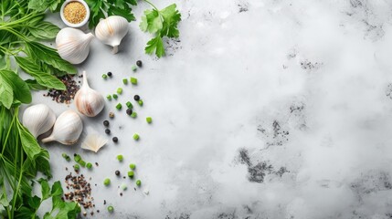 Food cooking background. Stone texture with sea salt, pepper garlic and parsley on light grey. Abstract food background. Empty space for text. Can be used for food posters, design of menu. Top view. - obrazy, fototapety, plakaty