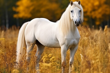Beautiful white stallion with long mane running in the field