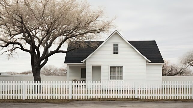 Photography of a white wooden house whit a black gabble roof and a white wooden fence