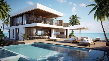Obraz premium Beach house with pool in modern design - 3d rendering