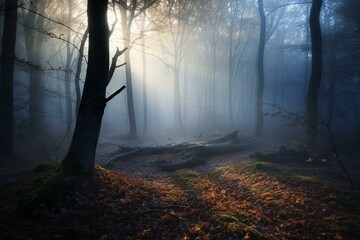Mysterious woods engulfed in mist at dawn or twilight. Generative AI