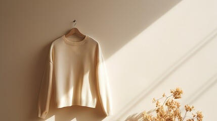 Aesthetic minimalist sustainable woman fashion clothes concept. Light brown, neutral beige wool sweater hanging on a white empty wall background with lifestyle floral sunlight shadow.