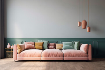 interior with pink sofa and green wall, 3d render illustration