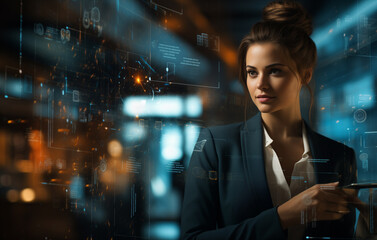 Obraz premium businesswoman against the background of an electronic virtual screen