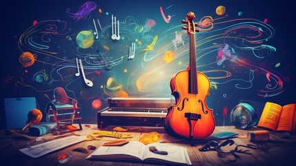 music background with guitar generated by AI - obrazy, fototapety, plakaty