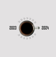 Happy New Year 2024. Cup of coffee change 2023 to 2024 on white background. Start concept. Minimal composition. Flat lay, top of view.