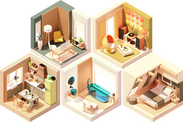 Vector isometric home rooms set. Rooms cross-sections. Bedroom, living room, kitchen, home office, dining room. Furniture and decoration - 669533405