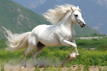 Beautiful white arabian stallion running on pasturage