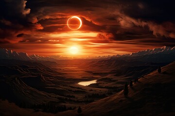 Solar eclipse casting a surreal glow over the landscape.