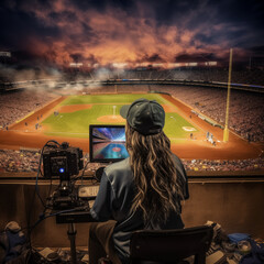 baseball announcer looking towards the game