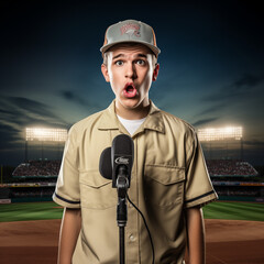 young baseball announcer with a surprised expression