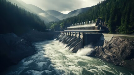 Hydroelectric power dam on a river and dark forest in beautiful mountains - obrazy, fototapety, plakaty