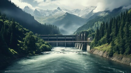 Hydroelectric power dam on a river and dark forest in beautiful mountains - obrazy, fototapety, plakaty