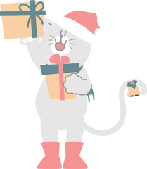 merry christmas and happy new year with cute cat and gift box, flat png transparent element cartoon character design