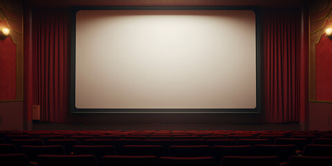 cinema stage with red curtains,Interior of a cinema movie theatre with shiny white blank screen. red cinema  - obrazy, fototapety, plakaty