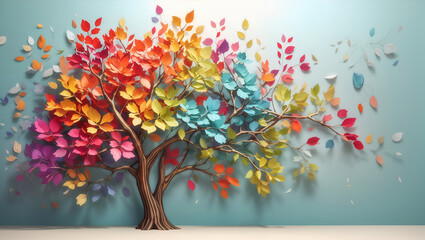 An abstract drawing illustrating a tree adorned with colorful leaves over white background. Perfect for art, nature, and abstract concepts, for interior wall art.