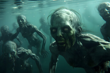 Obraz premium Group of zombies underwater. Neural network generated image. Not based on any actual person or scene.