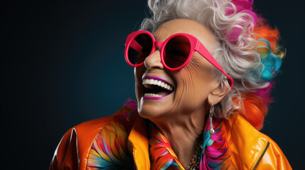 happy fashion elderly woman on dark background, generative ai