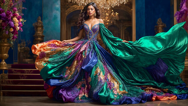 Beautiful brunette woman in a flowing silk dress in a luxurious Eastern palace interior. Ideal for luxury fashion, exotic settings, and opulent lifestyle concepts.