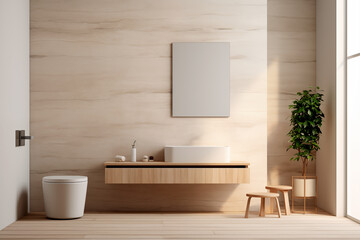 Fototapeta na wymiar minimalist bathroom in hotel or living home design with washbasin and toilet in a minimalist style decorated in the trending colors 