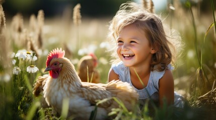 little girl with chicken at farm.