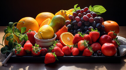 A tray filled with an array of colorful fruits, from fragrant strawberries to juicy oranges