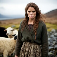 Highland Shepherdess Amidst Rugged Beauty. - obrazy, fototapety, plakaty