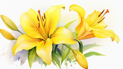 Fototapeta na wymiar Yellow lily flower watercolor painting high resolution Ai generated art