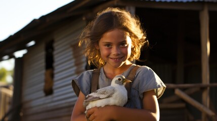 little girl with chicken at farm.