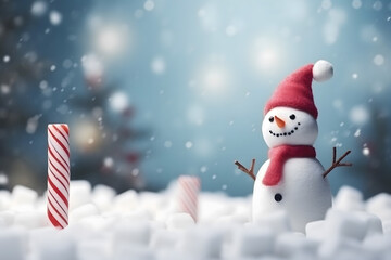 Fototapeta premium christmas tree decorations, santa claus with gifts, snowman in the snow, christmas gift boxes 