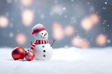 Obraz premium christmas tree decorations, santa claus with gifts, snowman in the snow, christmas gift boxes 