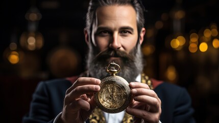 Man holding a pocket watch in his hands - obrazy, fototapety, plakaty