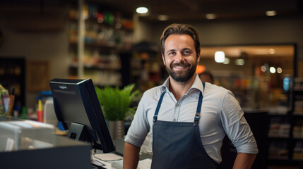 Obraz premium Smiling male cashier at checkout counter with digital tablet in store